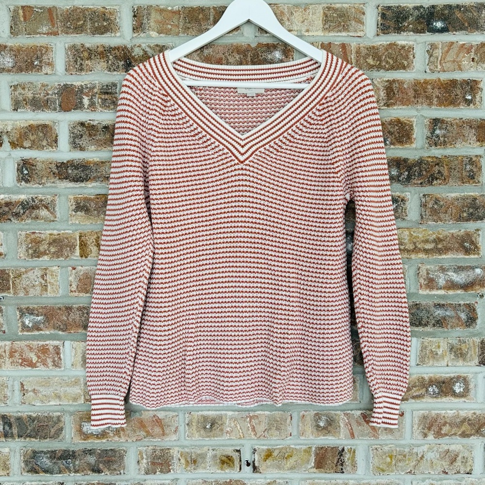 LOFT V-Neck Knit Sweater Cream and Burnt Orange XS